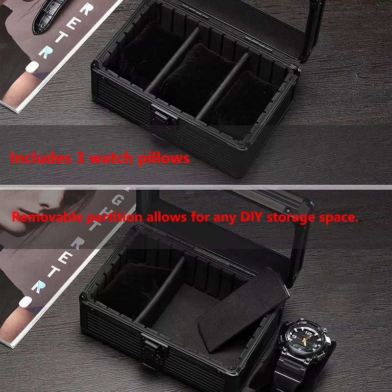 Practical 3 Slot Watch Box Aluminum Alloy Watch Display Case Glass Top Watch Case Watch Storage Box